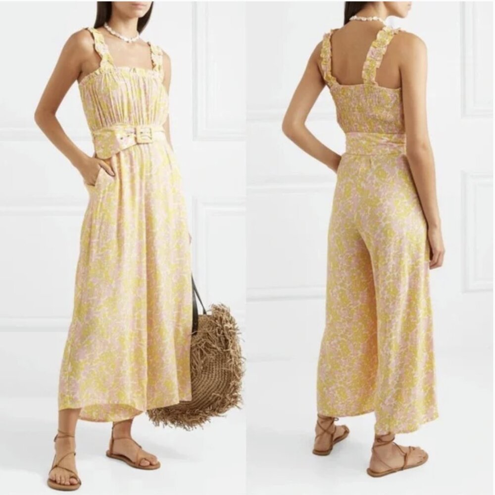 Faithfull The Brand Dolores Jumpsuit Ida Floral Pink Yellow Belted Ruffle Size 2